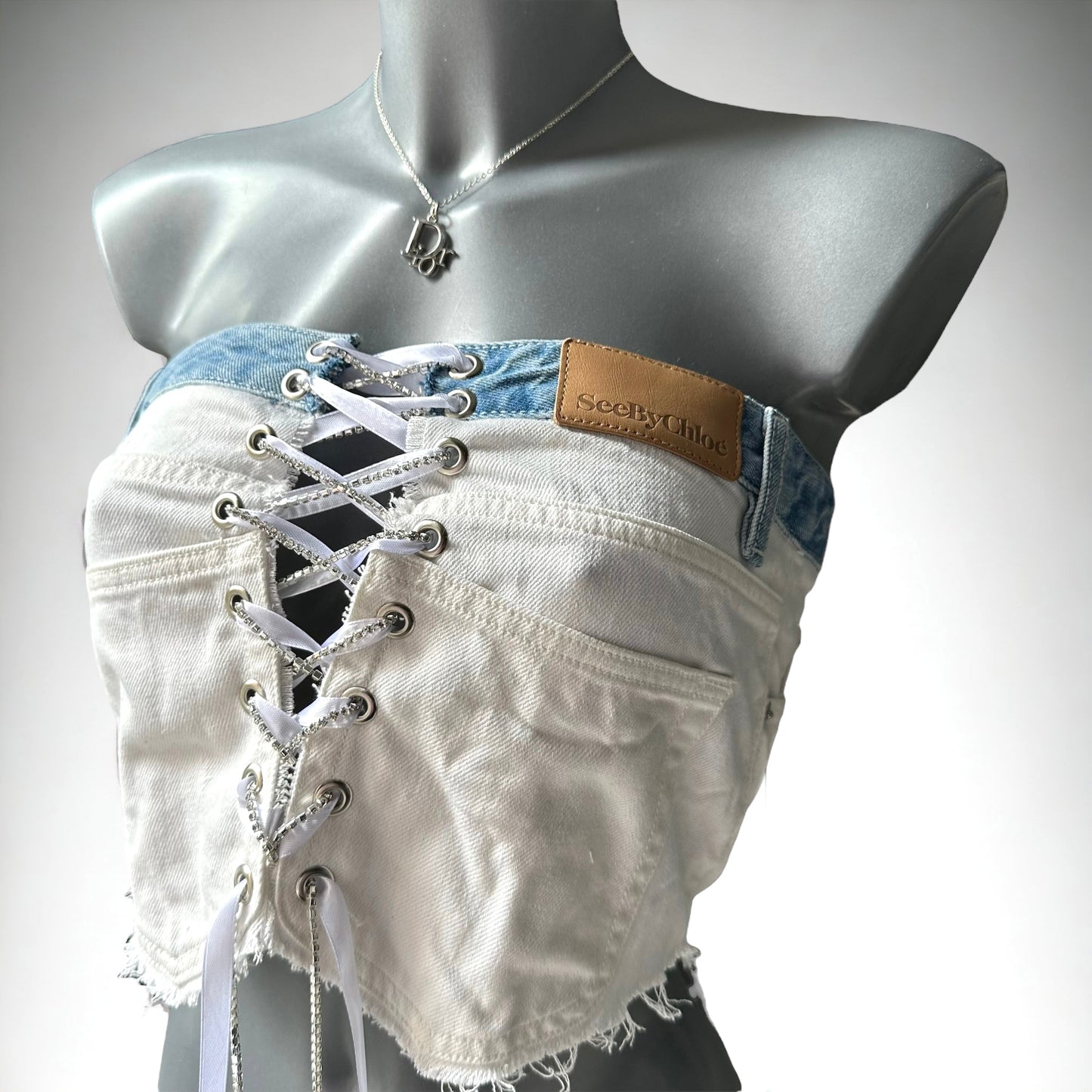 Authentic Chloe Jeans Reworked into a White Denim Corset Top 6 8 10