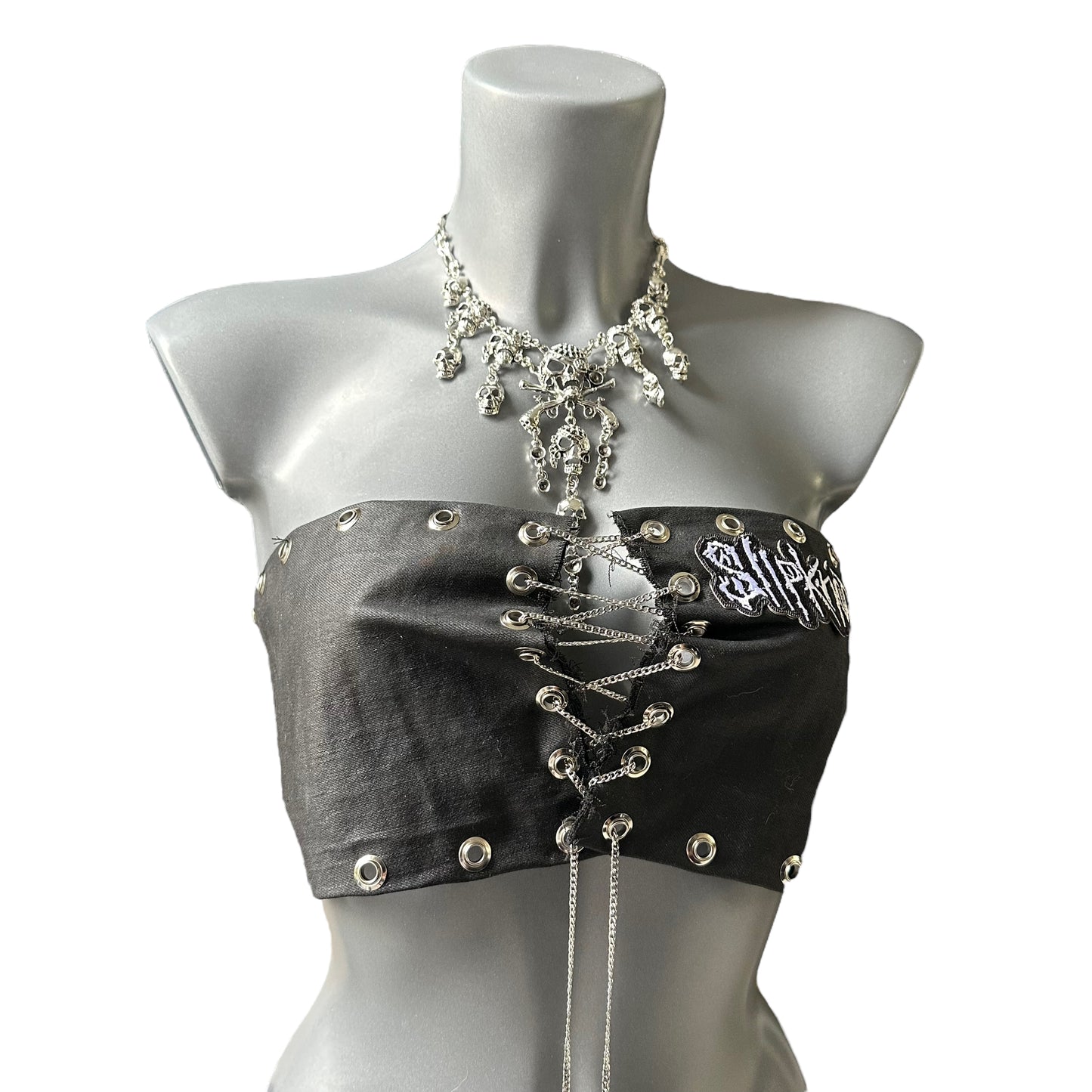 Handmade Slipknot patch black denim corset top with chain 6 8 10