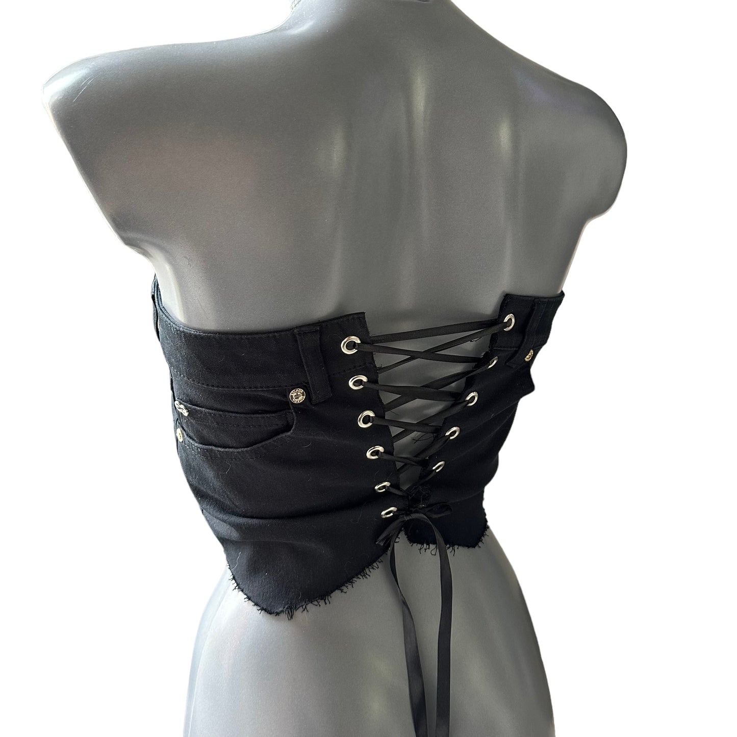Authentic Escada Jeans Reworked into a Black Denim Corset Top with Crystal Lacing Small 6 8 10
