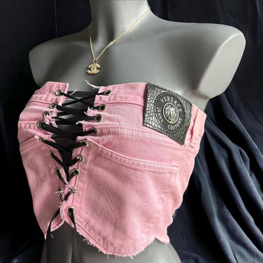 Authentic Versace Pink Jeans Reworked into a Denim Corset Top Small 6 8 10