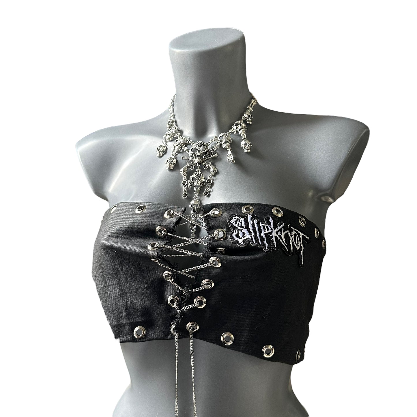 Handmade Slipknot patch black denim corset top with chain 6 8 10